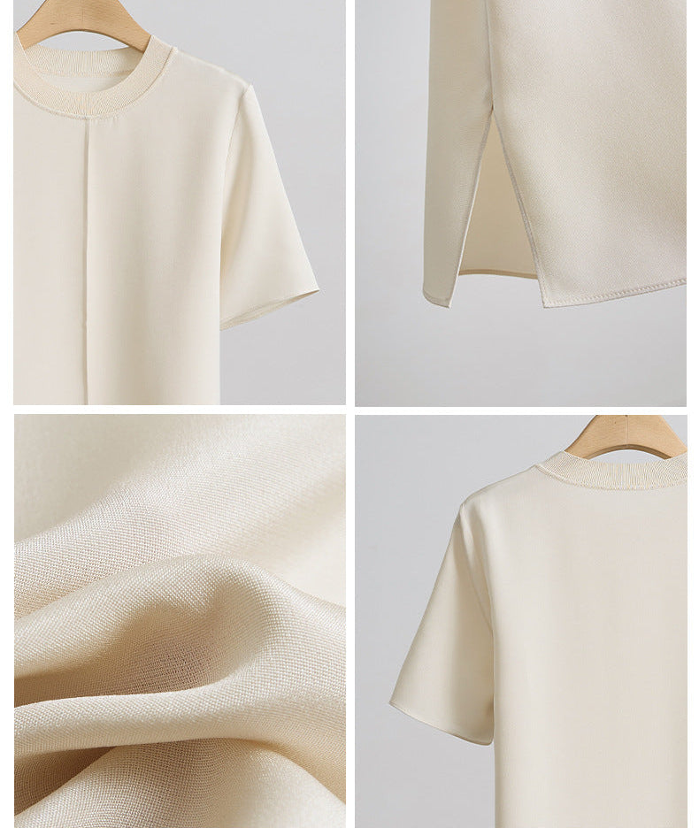 Crew Neck Loose-Fit Pleated T-Shirt