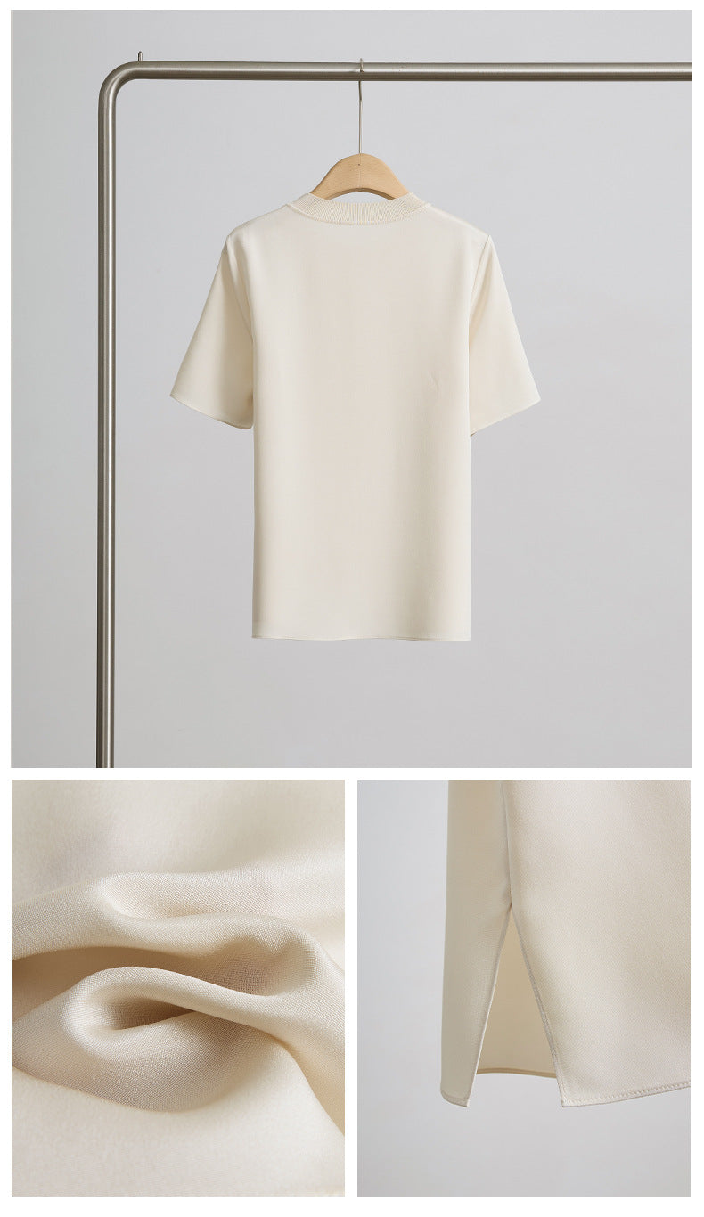Crew Neck Loose-Fit Pleated T-Shirt
